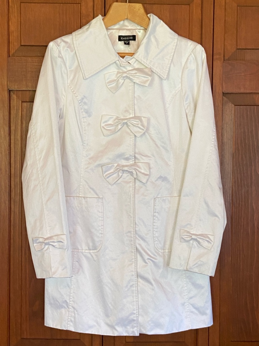 bebe White Satin Pea Coat with Bow Details
